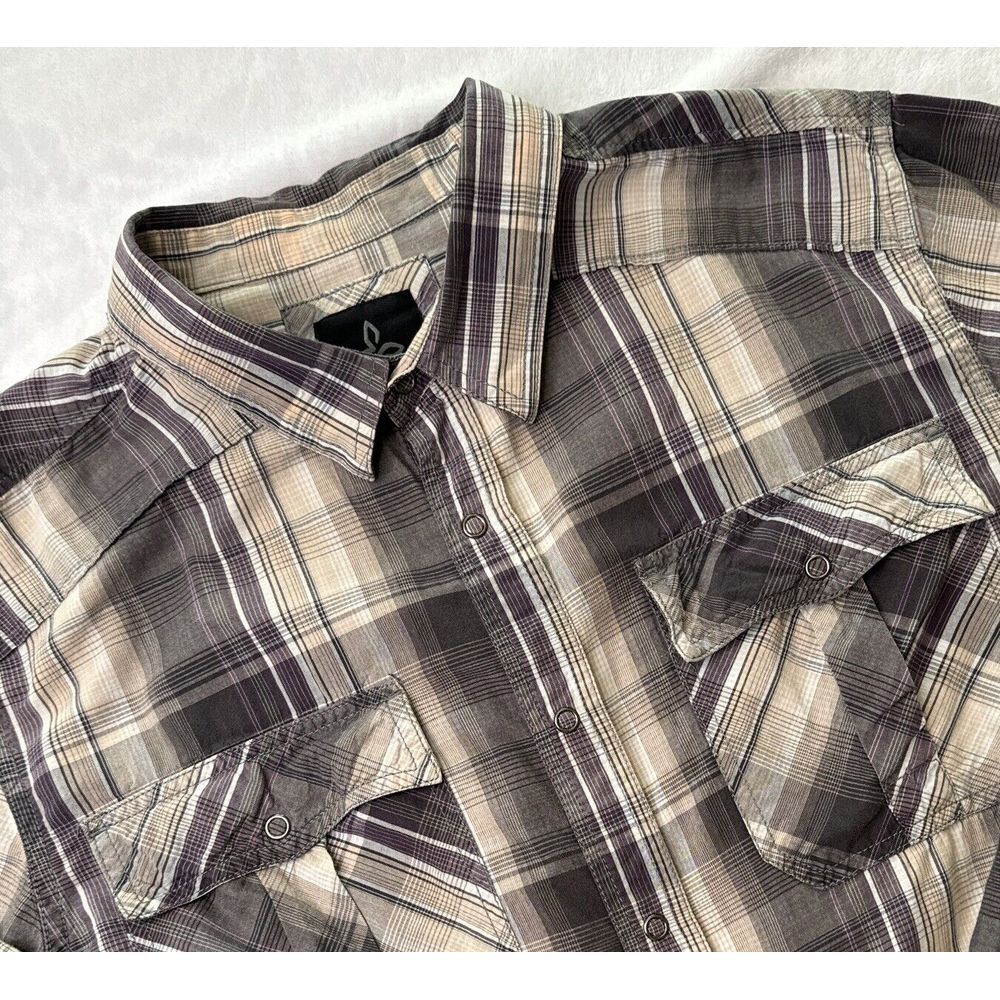 PRANA Plaid SNAP FRONT Plum Long Sleeve LARGE Western‎ Casual Shirt ~ EXCELLENT